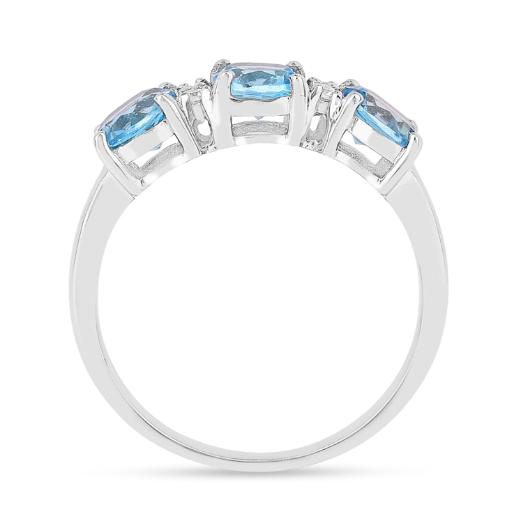 Blue Topaz Rhodium Over Sterling Silver Round Moissanite 3-Stone Ring