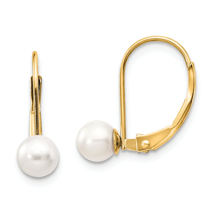 14K Yellow Gold 5-6mm White Round Freshwater Cultured Pearl Leverback Earrings