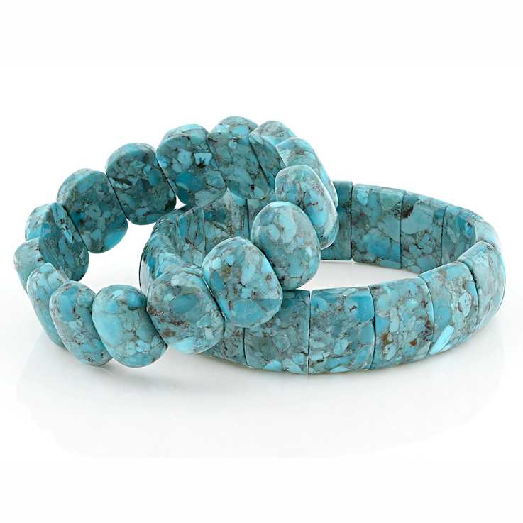 Large Turquoise Stretch Bracelet Set Of 2 In Sterling Silver