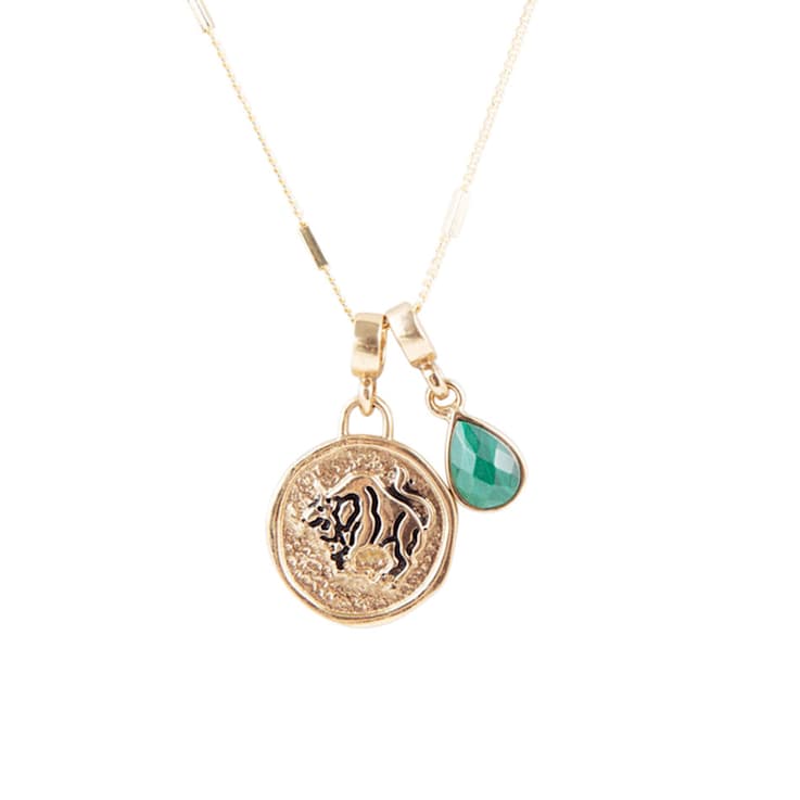 Barse Malachite Taurus Charm Necklace In Bronze