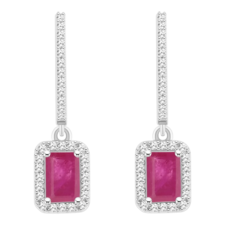 6x4mm Emerald Cut Ruby 1/3 ctw Diamond Rhodium Over Sterling Silver Halo
Dangle Earrings