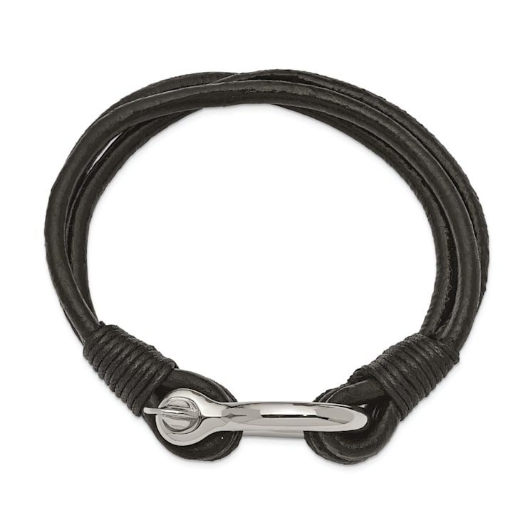 Black Leather and Stainless Steel Polished Multi Strand 8.5-inch Shackle Bracelet