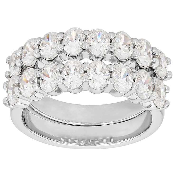 Oval CZ Set Of Two Stackable Band Rings In Rhodium Over Brass 5.30ctw