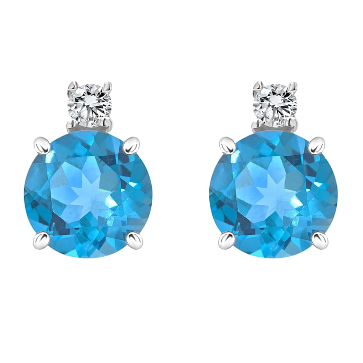 5mm Round Blue Topaz with Diamond Accents 14k White Gold Stud Earrings