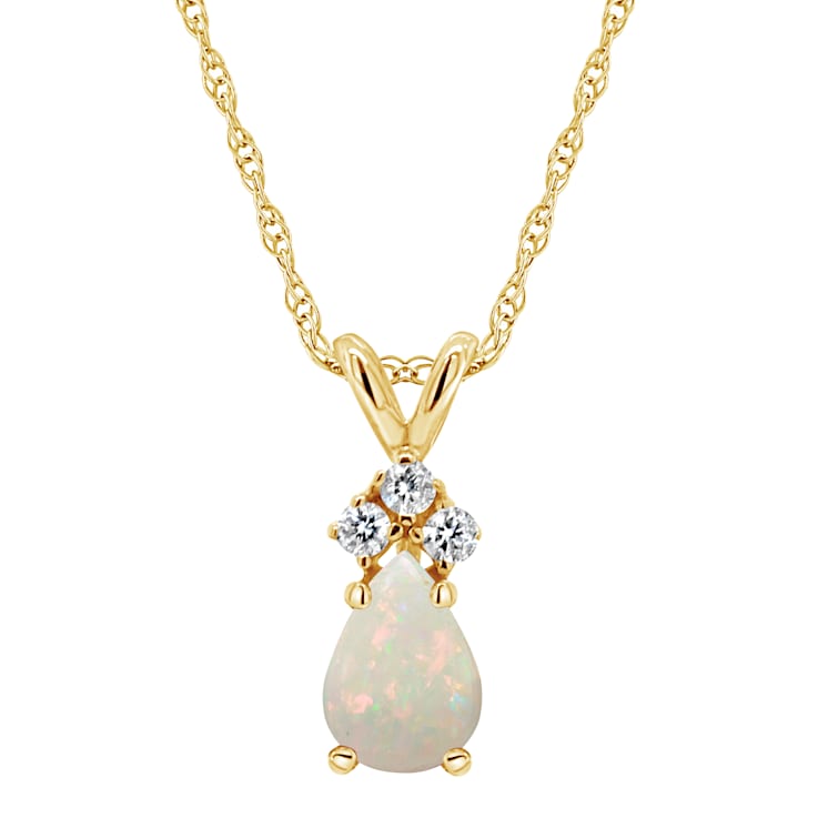 7x5mm Pear Shape Opal with Diamond Accents 14k Yellow Gold Pendant With Chain