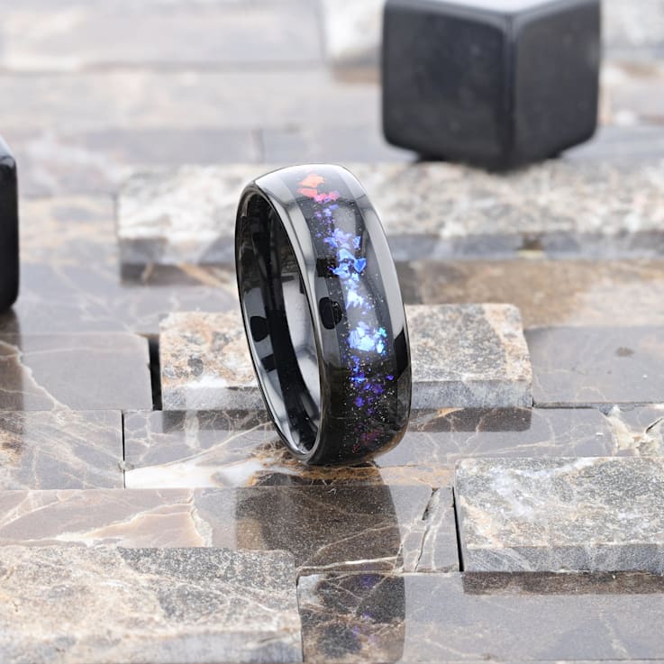 COSMIC Black Tungsten Ring with Crushed Alexandrite and Dark Blue and
Purple Crushed Goldstone 8mm