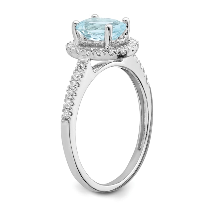 Rhodium Over 14K White Gold Aquamarine Diamond Halo Engagement Ring