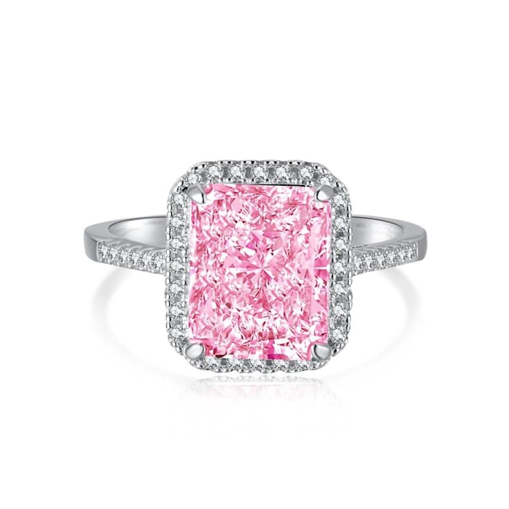 Radiant Cut Pink and Round White Cubic Zirconia Accents Sterling Silver
Halo Ring