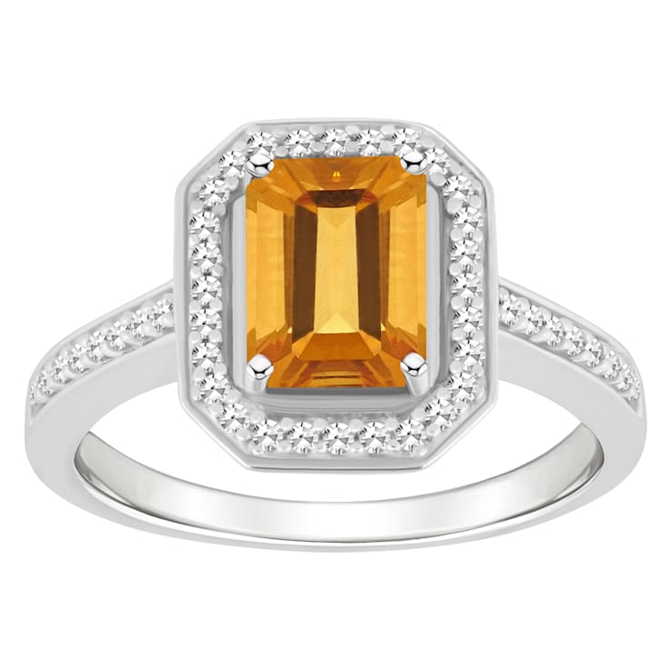 8x6mm Emerald Cut Citrine 1/5 ctw Diamond Rhodium Over Sterling Silver
Halo Ring