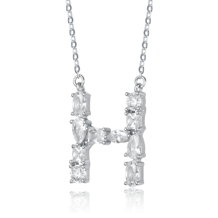 Initial H Mixed Cut CZ Pendant Necklace In Sterling Silver 18 Inch