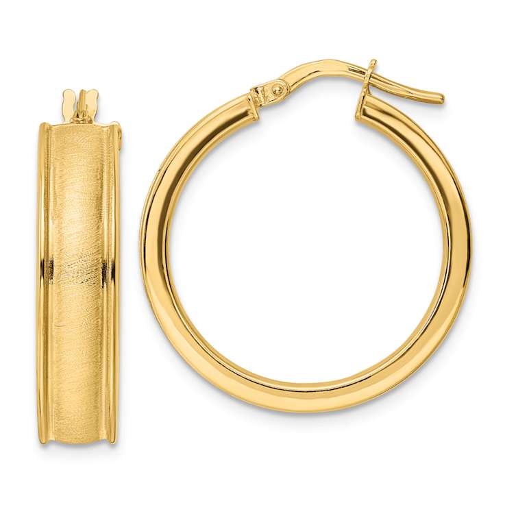 14k Yellow Gold Brushed and Polished 1" Hoop Earrings