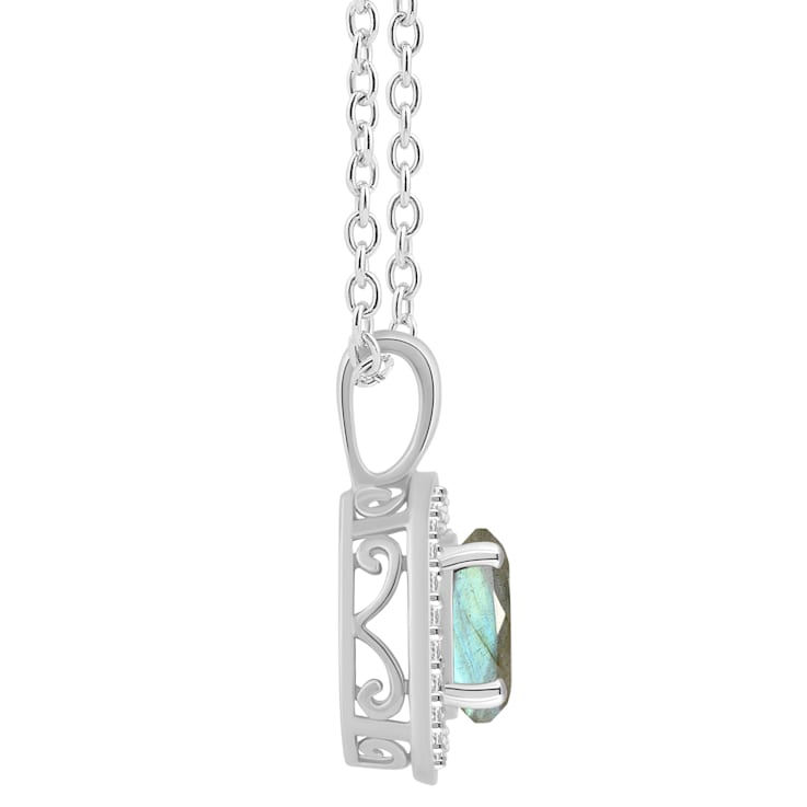 7mm Round Labradorite 1/8 ctw Diamond Rhodium Over Sterling Silver Halo
Pendant with Chain