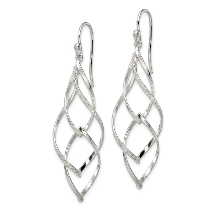 Sterling Silver Polished and Lasered Texture Twisted Dangle Hook Earrings