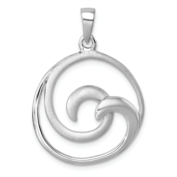 Rhodium Over Sterling Silver Polished and Brushed Double Wave Pendant