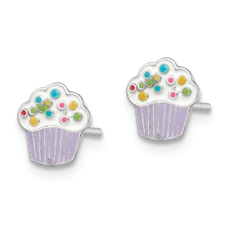 Rhodium Over Sterling Silver Enamel Cupcake Children's Post Earrings
