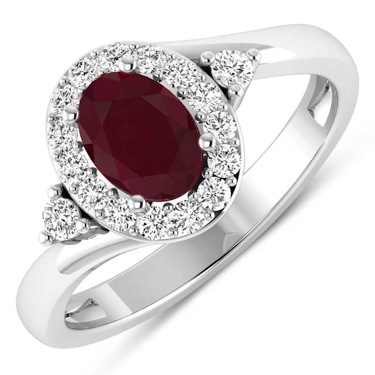 Oval Red Ruby and Diamond 14K White Gold Halo Ring 1.12 ctw