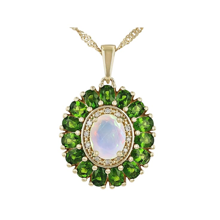 Opal, Chrome Diopside And Yellow Diamond Pendant Necklace In 18K Gold
Over Sterling Silver 3.25ctw