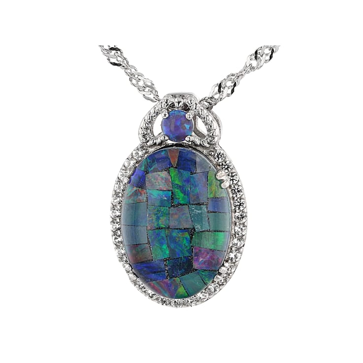 Multicolor Mosaic Opal Triplet Rhodium Over Silver Pendant Chain 0.11ctw