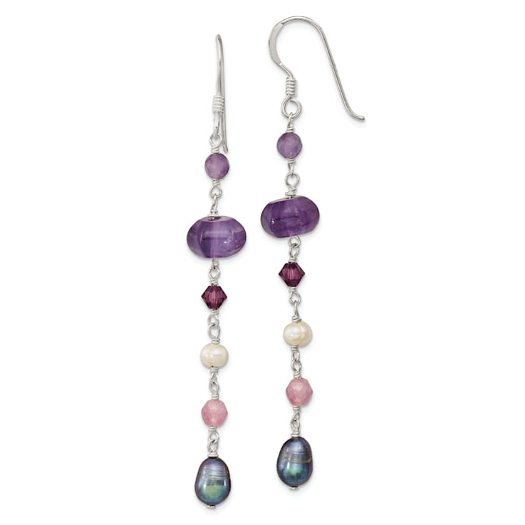 Sterling Silver Freshwater Black and White Pearl, Amethyst, and Lavender
Jadeite Dangle Earrings