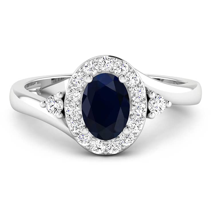 Oval Blue Sapphire and Diamond 14K White Gold Halo Ring 1.02 ctw