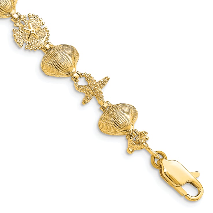 14k Yellow Gold Textured Sand Dolloar, Clam, Starfish Link Bracelet