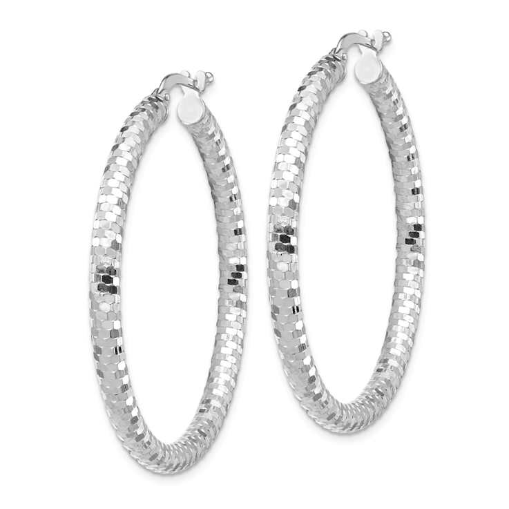 Rhodium Over 14k White Gold 1 9/16" Diamond-Cut Hoop Earrings