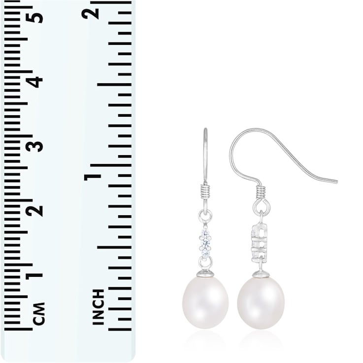 White Cultured Freshwater Pearl and Cubic Zirconia Rhodium Over Sterling
Silver 7-8mm Drop Earrings