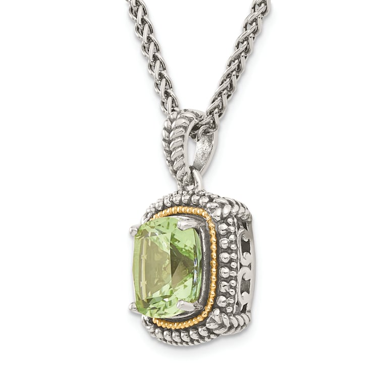 Sterling Silver Antiqued with 14K Accent Green Quartz Necklace