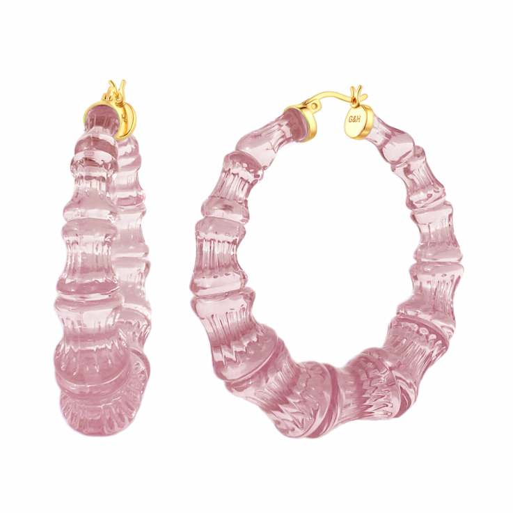 14K Yellow Gold Over Sterling Silver Bamboo Acrylic Hoops in Winter Rose