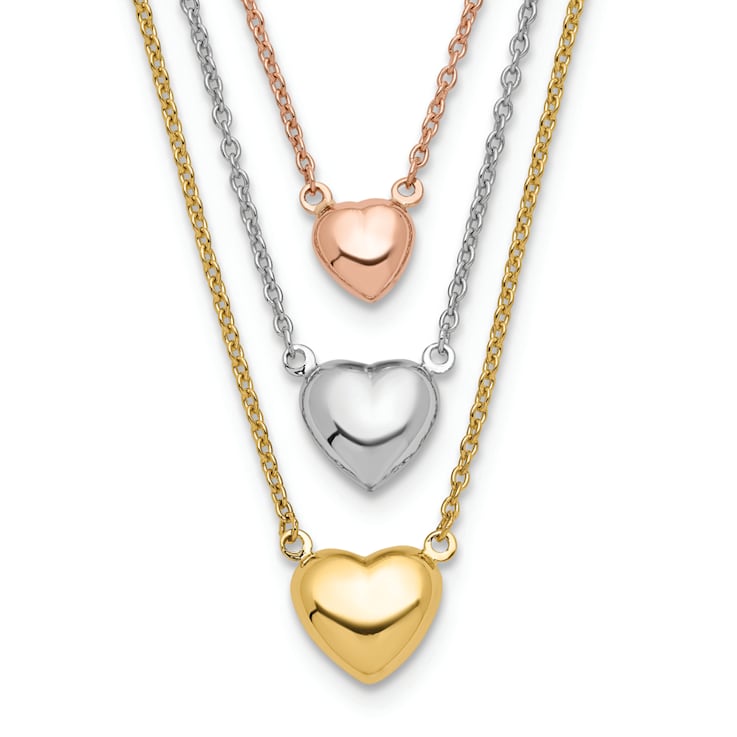 14K Tri-color Three Heart with 1-inch Extension Necklace