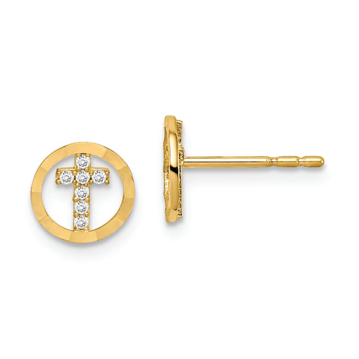 14k Yellow Gold Children's Cubic Zirconia Diamond-Cut 7.25mm Circle with
Cross Stud Earrings
