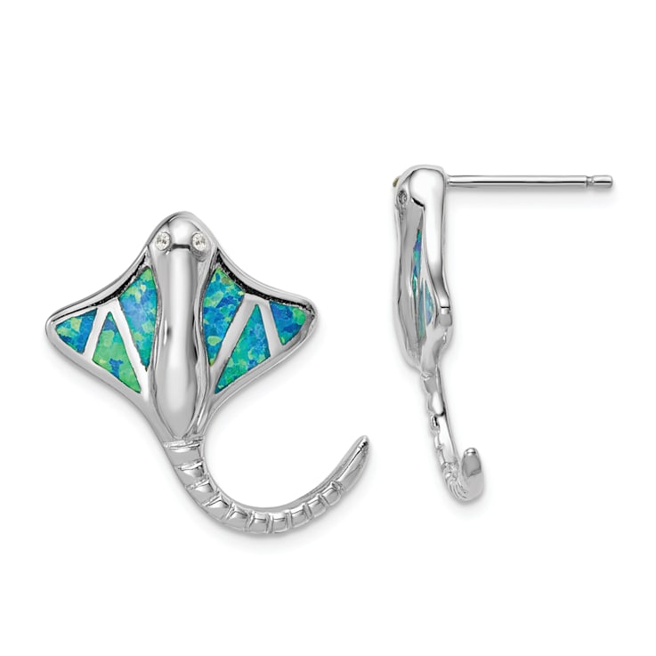 Rhodium Over Sterling Silver Lab Created Opal Stingray Post Earrings