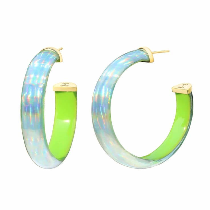 14K Yellow Gold Over Sterling Silver Iridescent Acrylic Hoops in Neon Green