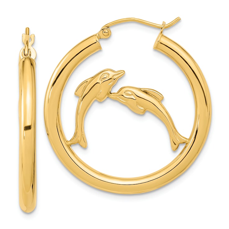 14k Yellow Gold 1 1/4" Polished Dolphins Hoop Earrings