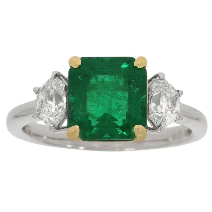 Emerald Step Cut Green Emerald and White Diamond Platinum Ring. 3.19 CTW