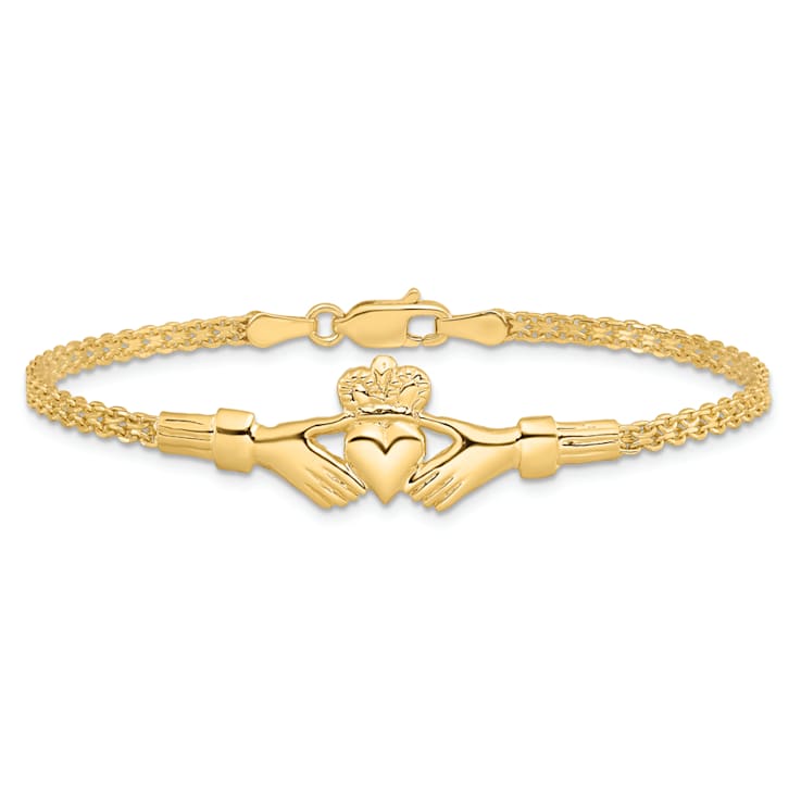 14k Yellow Gold Polished and Textured Claddagh Bracelet