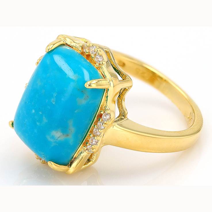 Turquoise And White Zircon Ring In 18K Gold Over Sterling Silver 0.11ctw