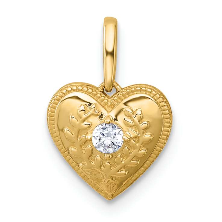 14K Yellow Gold Polished and Textured Cubic Zirconia Floral Heart Pendant