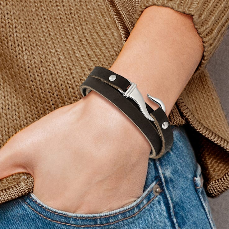 Black and Brown Leather and Stainless Steel Wrap Bracelet