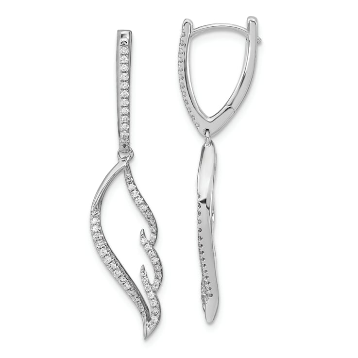 Rhodium Over 14k White Gold Diamond Wing Hinged Hoop Dangle Earrings