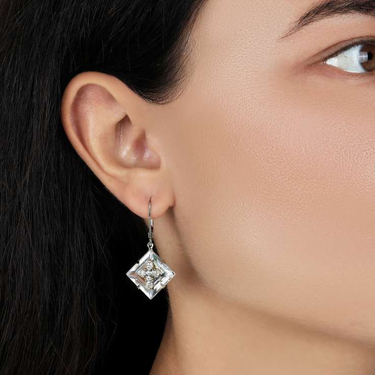 Silver Tone Square Clear Crystal With Cross Leverback Earrings