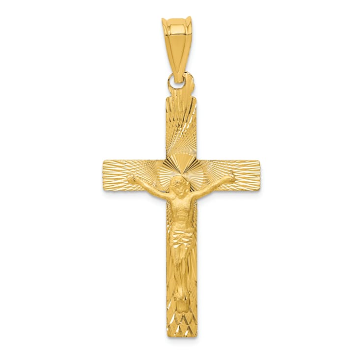 14k Yellow Gold Polished Satin and Diamond-Cut Crucifix Pendant