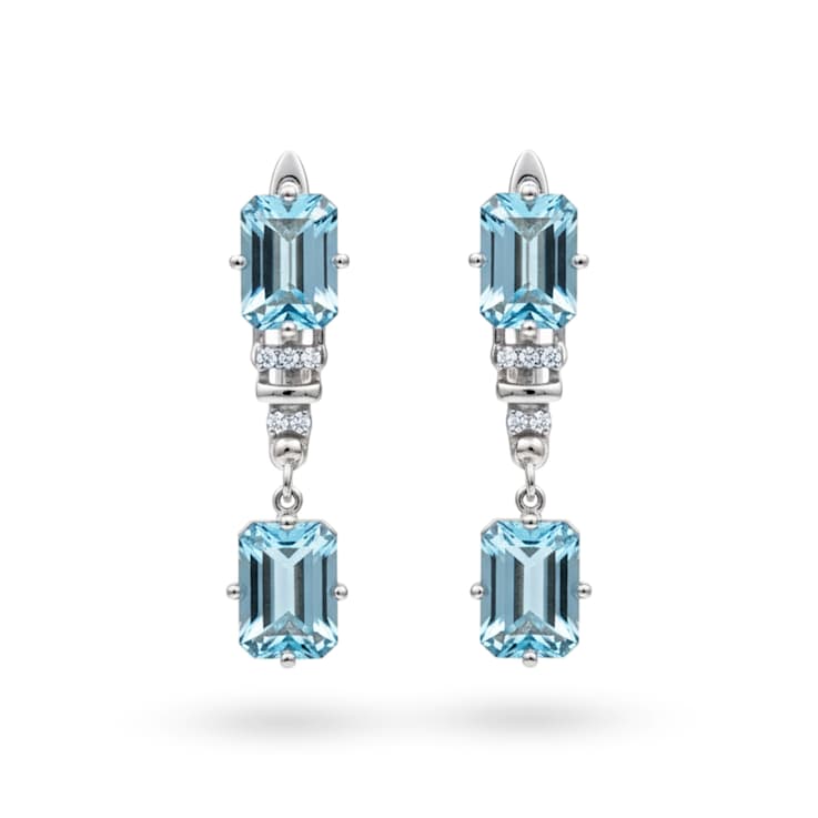 Blue Topaz Octagon Over Sterling Silver Rhodium Drop Earrings