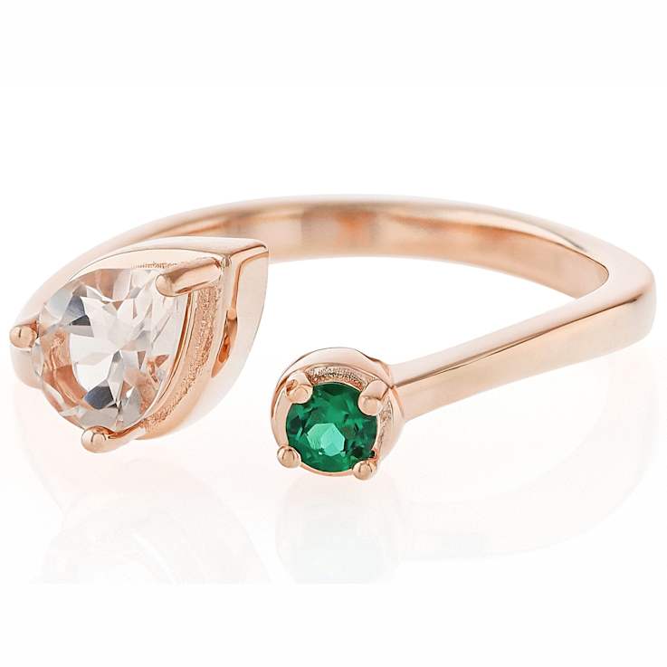 Morganite And Lab Emerald Ring In 18K Rose Gold Over Sterling Silver 0.62ctw