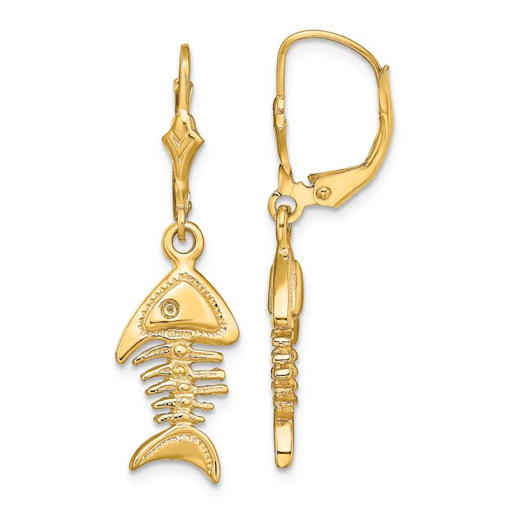 14k Yellow Gold 3D Fishbone Dangle Earrings