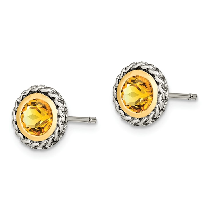 Sterling Silver Antiqued with 14K Accent Citrine Post Earrings