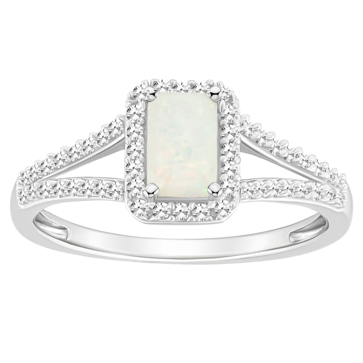 6x4mm Emerald Cut Opal 1/4 ctw Diamond Rhodium Over Sterling Silver Halo Ring