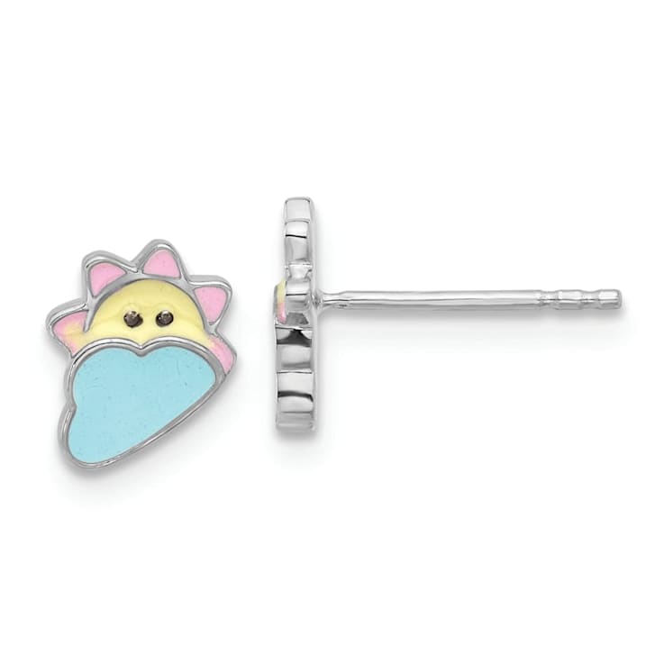 Rhodium Over Sterling Silver Children's Enamel Sun and Cloud Earrings