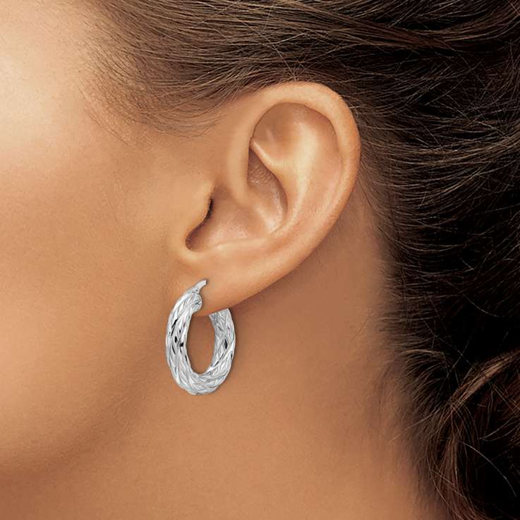 Rhodium Over 14k White Gold Polished 1" Woven Texture Round Hoop Earrings