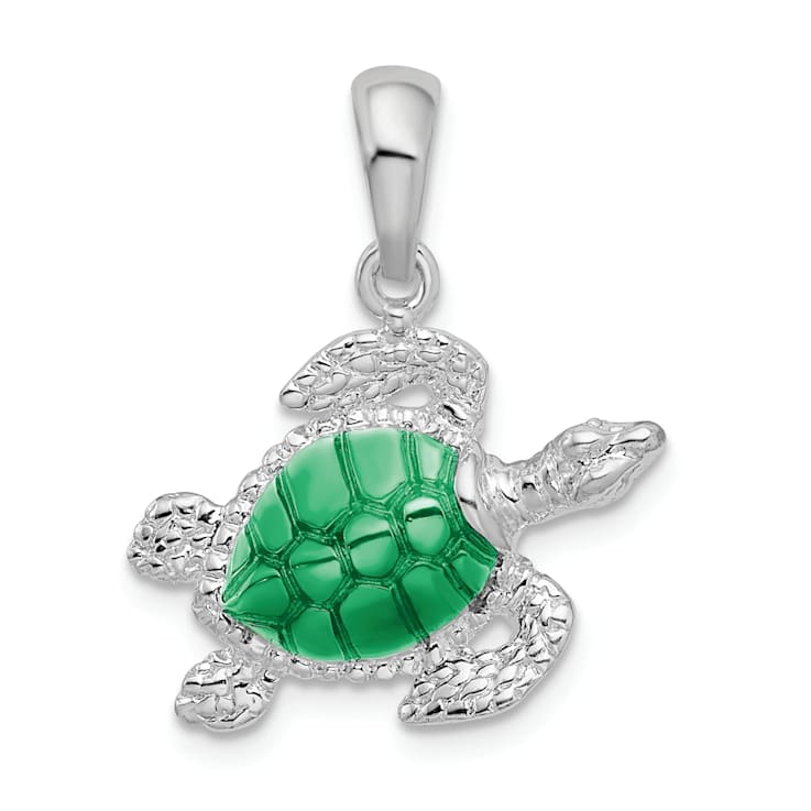 Rhodium Over Sterling Silver Polished Enameled Sea Turtle Pendant